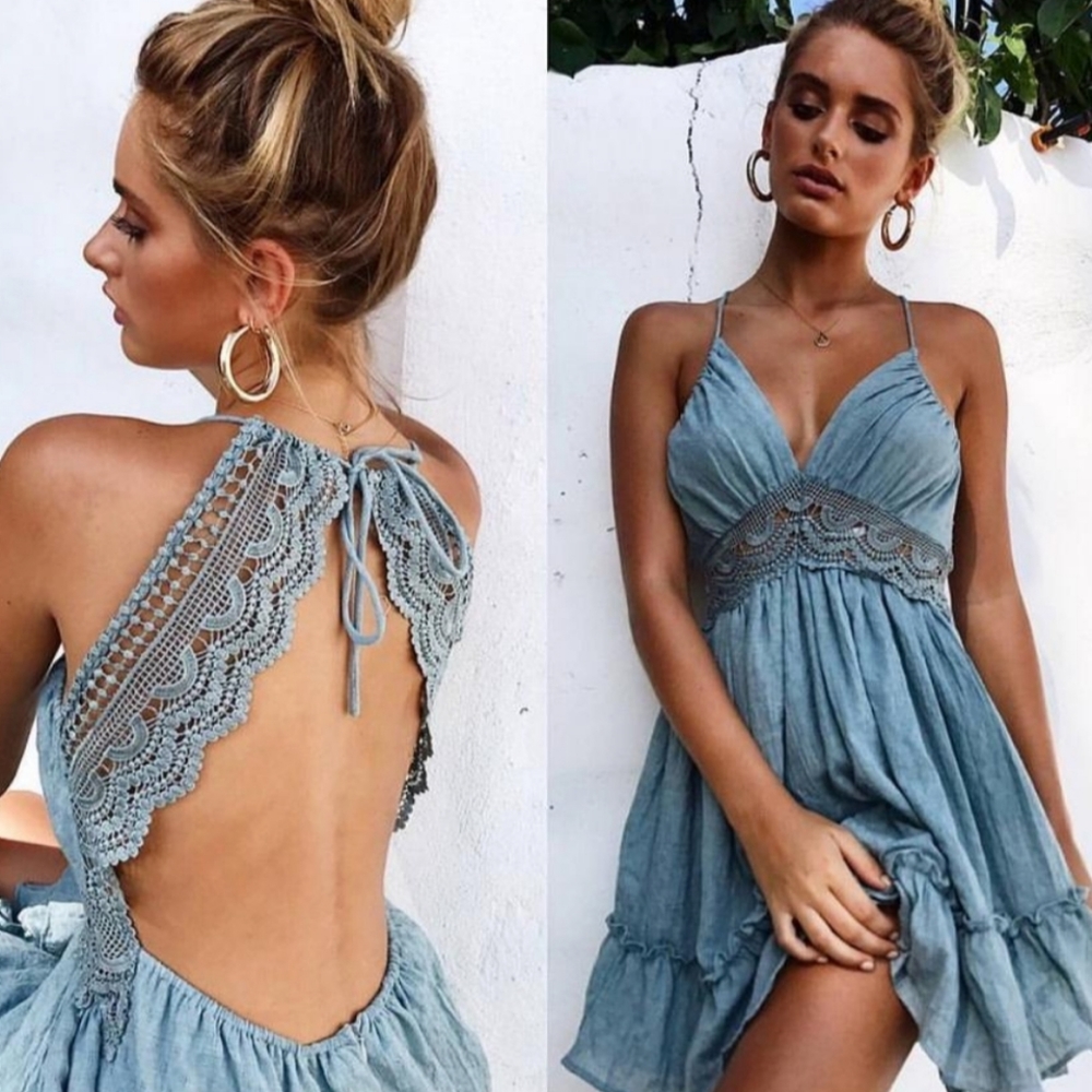 Dusty Blue Lace and Chiffon Sun Dress - Picture 1 of 5